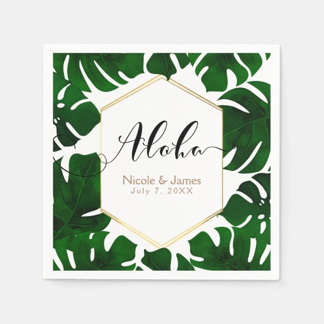 Dark Green Tropical Leaves White & Gold Wedding Paper Napkins (Front)