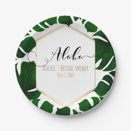 Dark Green Tropical Leaves White  Gold Wedding Paper Plates