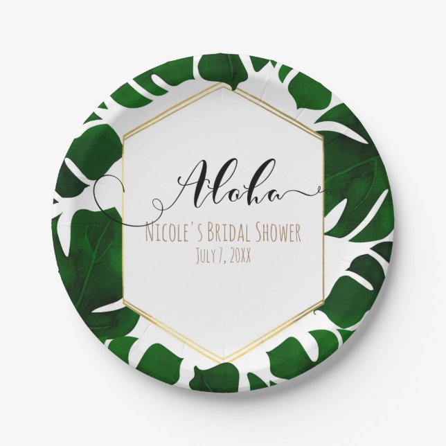 Dark Green Tropical Leaves White & Gold Wedding Paper Plates (Front)