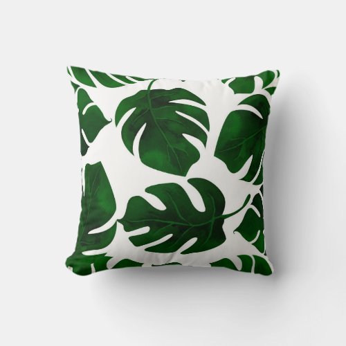 Dark Green Tropical Leaves White Summer Chic Throw Pillow