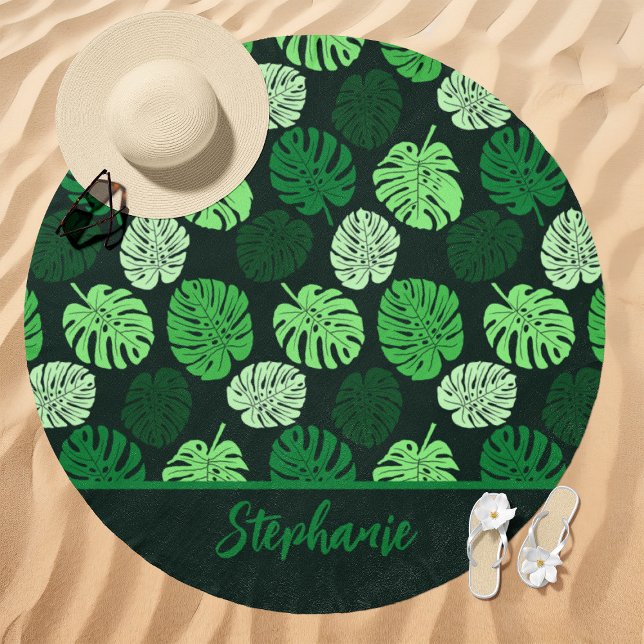 Dark Green Tropical Monstera Custom Name Beach Towel (Creator Uploaded)