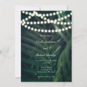 Dark Green Tropical Palm Leaves & Lights Wedding Invitation