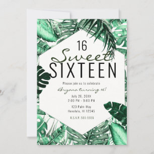 Dark Green Tropical Palm Leaves Summer Sweet 16 Invitation