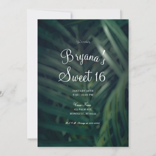 Dark Green Tropical Palm Leaves Sweet 16 Party Invitation