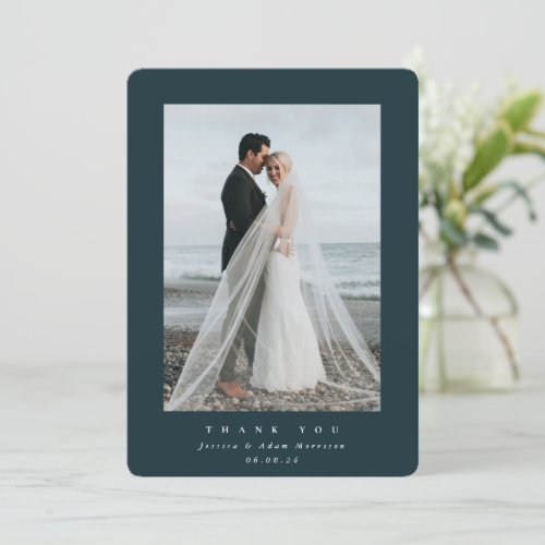 Dark Green Ultra Minimal Single Photo Wedding Thank You Card