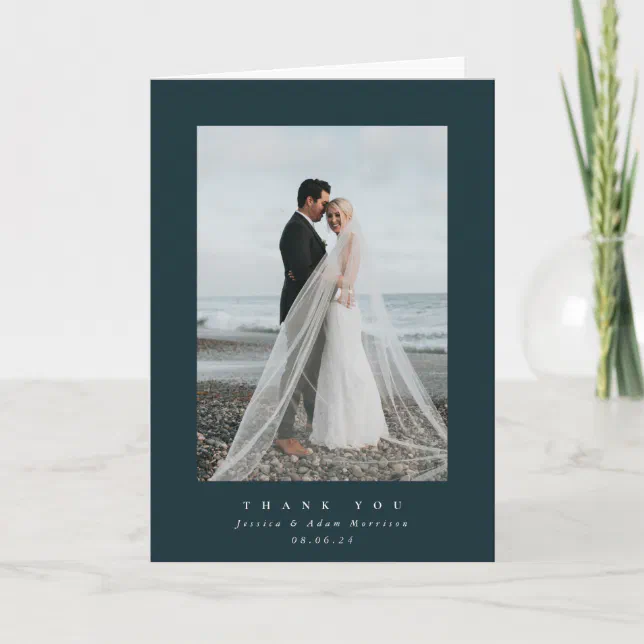 Dark Green Ultra Minimal Single Photo Wedding Thank You Card | Zazzle