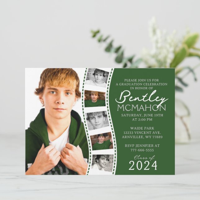 Dark Green Unique Filmstrip 6 Photo Graduation Invitation (Standing Front)