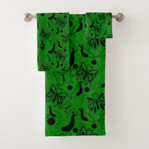 Dark Green Vintage Butterfly Bird Pattern Bath Towel Set