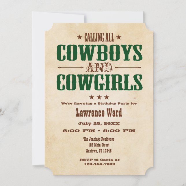 Dark Green Vintage Cowboy Birthday Invitation (Front)