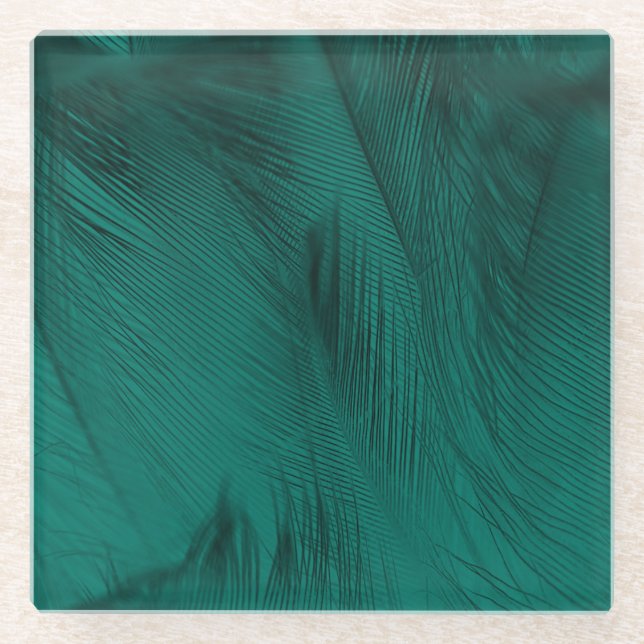 Dark Green Vintage Feather Texture Glass Coaster (Front)