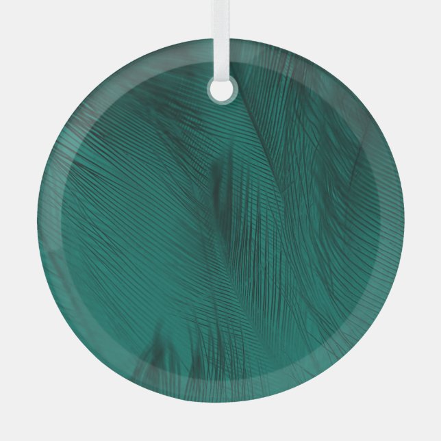 Dark Green Vintage Feather Texture Glass Ornament (Front)