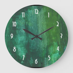 Dark Green Watercolor Abstract Large Clock