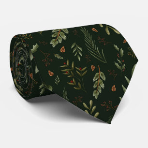 Dark Green Watercolor Botanical Winter Holiday Neck Tie