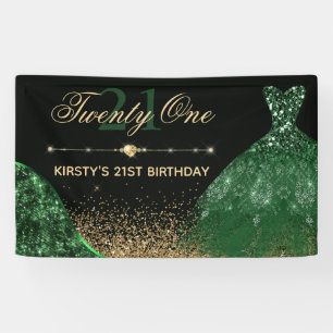 Dark Green Watercolor Dress 21st Birthday Banner