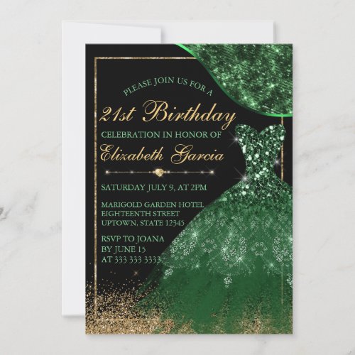 Dark Green Watercolor Dress 21st Birthday Invitation