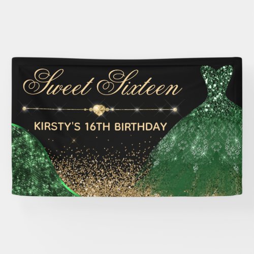 Dark Green Watercolor Dress  wave border Sweet 16 Banner