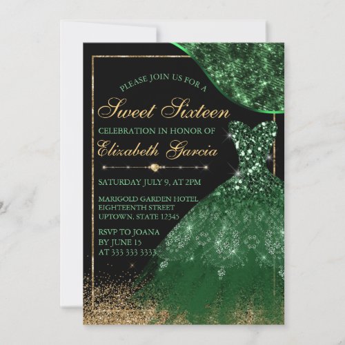 Dark Green Watercolor Dress  wave border Sweet 16 Invitation