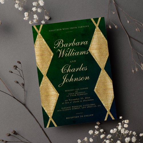 Dark green watercolor gold glitter diamond wedding invitation