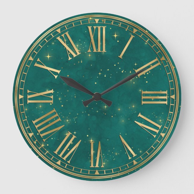 Dark Green Watercolor & Gold Sparkles Wizardry Large Clock (Front)