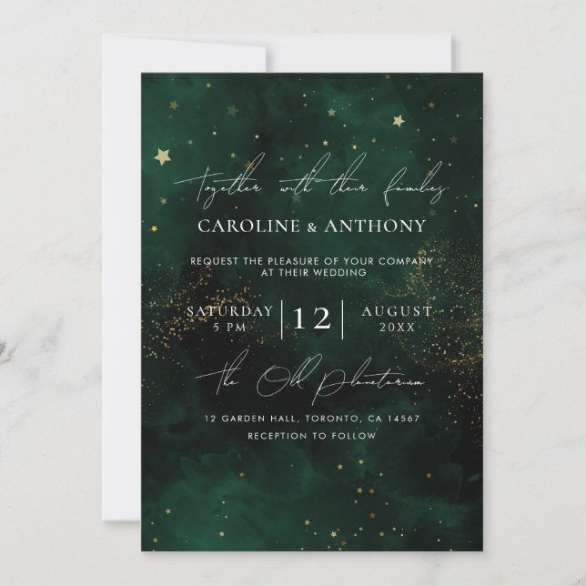 Dark Green Watercolor Magical Gold Wedding Invitation (Front)