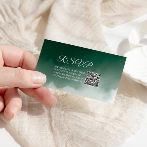 Dark Green Watercolor Modern Wedding RSVP QR  Enclosure Card