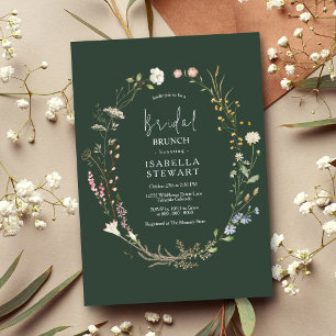 Dark Green Watercolor Wildflower Bridal Brunch Invitation