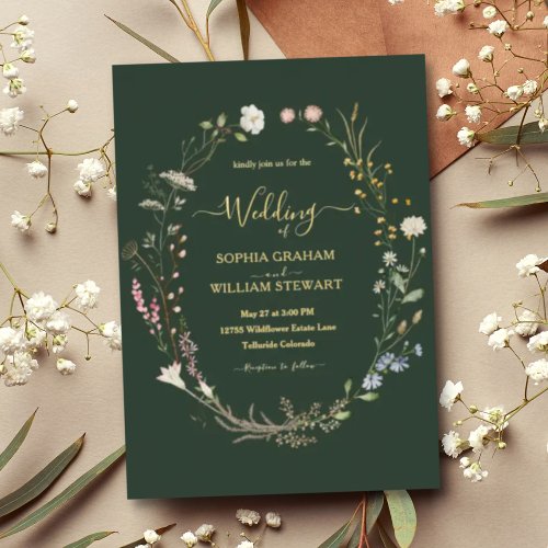 Dark Green Watercolor Wildflower Theme Wedding Foil Invitation