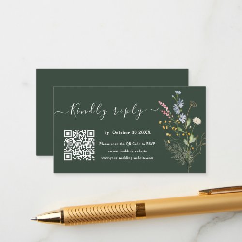 Dark Green Watercolor Wildflower Wedding Website Enclosure Card