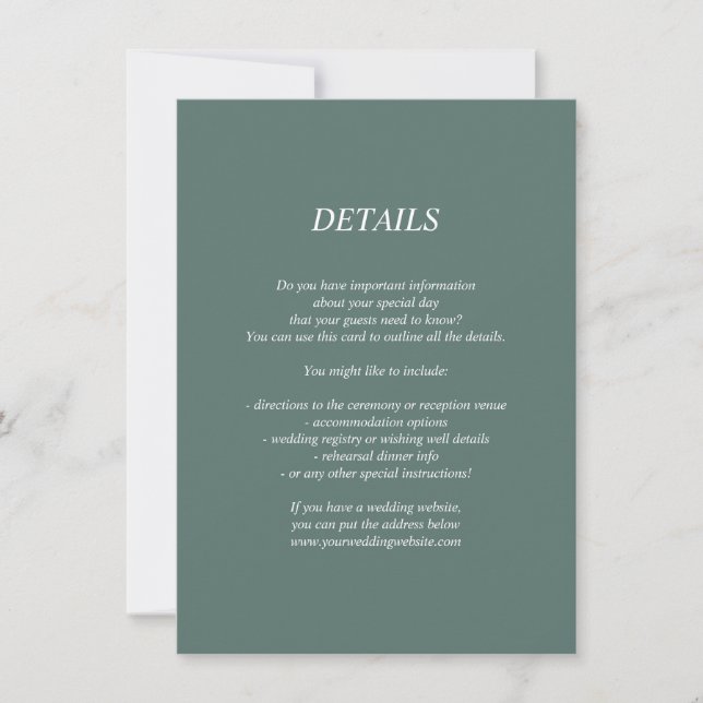 Dark green wedding details card (Front)