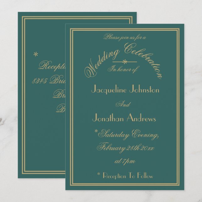 Dark Green Wedding Gold Script Names & Date Invitation (Front/Back)