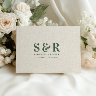 Dark-Green Wedding Monogram Beige Linen Guest Book