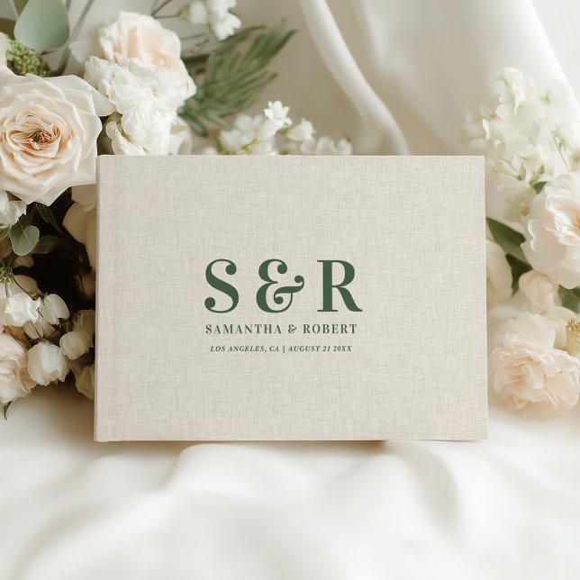 Dark-Green Wedding Monogram Beige Linen Guest Book (Creator Uploaded)