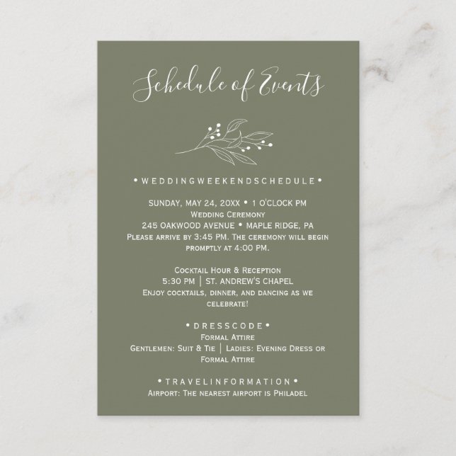 Dark Green Wedding Schedule Card (Front)