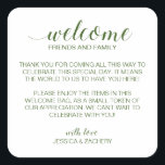 Dark Green Wedding Welcome Gift Bag Basket Square Sticker<br><div class="desc">This charming dark green and white welcome sticker,  placed on your welcome bag or basket in their accommodation,  is a nice way to thank your out of town guests for the travel they needed to do to get to your wedding.</div>