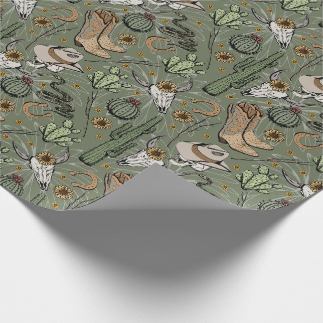 Dark Green Western Laughing Cowboy Skull & Cactus Wrapping Paper (Corner)