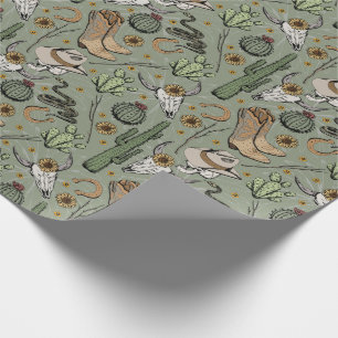 Dark Green Western Laughing Cowboy Skull & Cactus Wrapping Paper