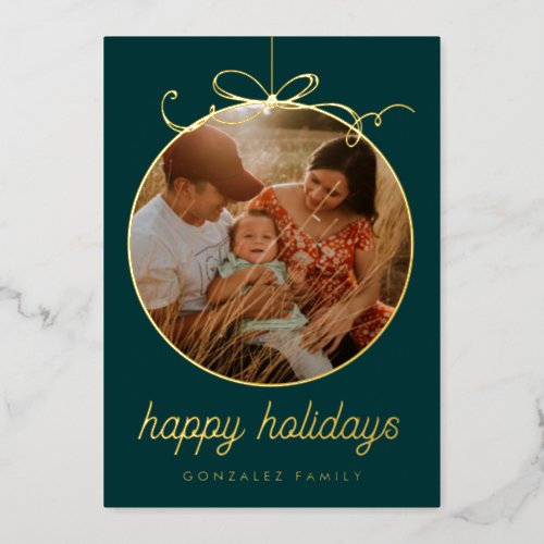 Dark Green Whimsical Ornament  Bow Photo Foil Holiday Card