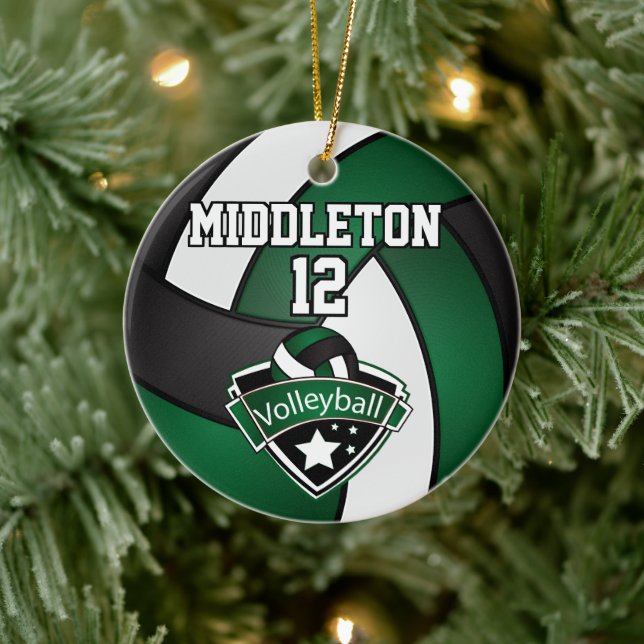 Dark Green, White and Black Volleyball 🏐 Ceramic Ornament (Tree)
