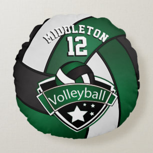 Dark Green, White and Blue Personalize Volleyball Round Pillow