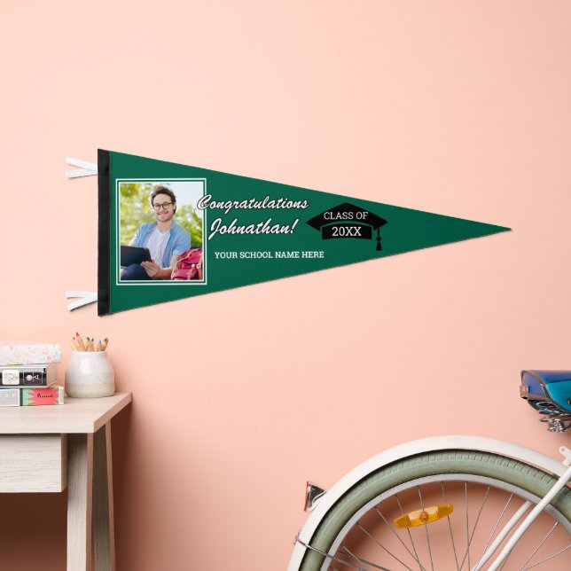  Dark Green White Black Congratulations Grad Pennant Flag (Front)
