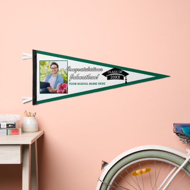  Dark Green White Black Congratulations Grad Pennant Flag (Front)