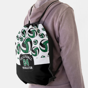 Dark Green, White & Black Volleyball   Drawstring Bag