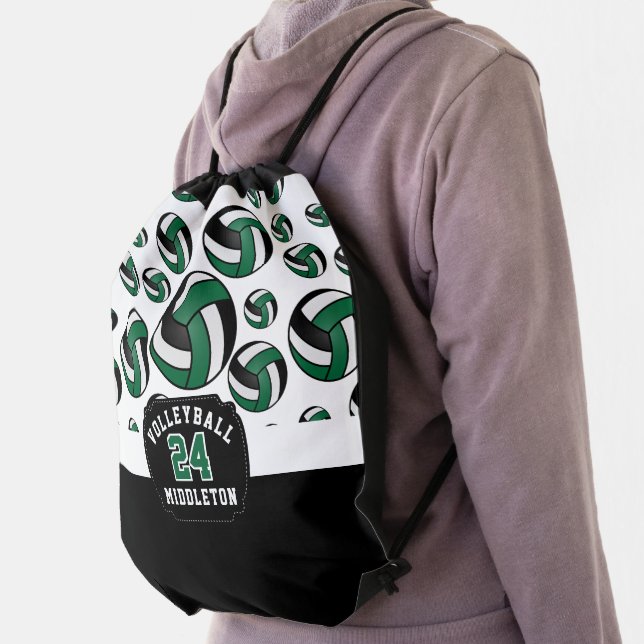 Dark Green, White & Black Volleyball   Drawstring Bag (Insitu)
