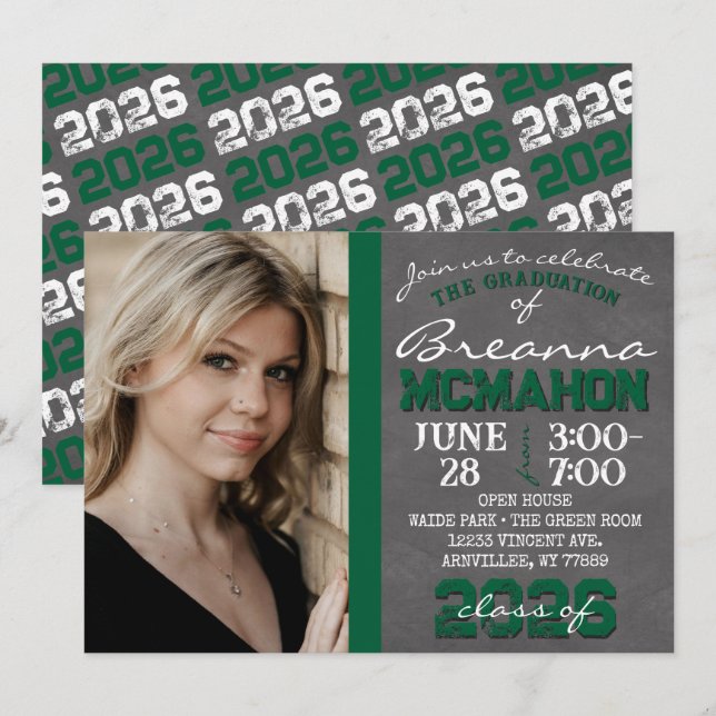 Dark Green White Chalkboard Graduation Invitation (Front/Back)