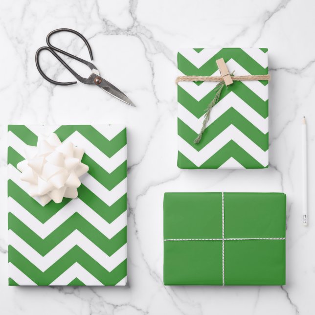 Dark Green & White Chevron Wedding Birthday Wrapping Paper Sheets (Front)