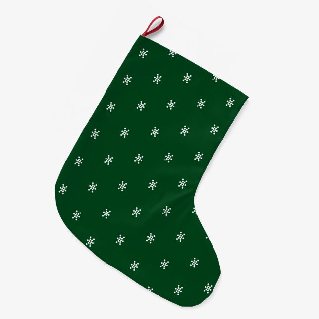 Dark Green, White Christmas Holiday pattern Large Christmas Stocking (Front (Hanging))