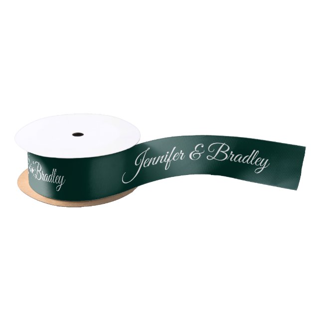 Dark Green White Elegant Wedding Personalized Name Satin Ribbon (Spool)