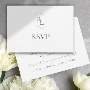 Dark Green & White Floral Monogram Wedding RSVP