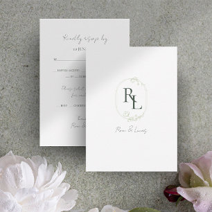 Dark Green & White Floral Monogram Wedding RSVP Card