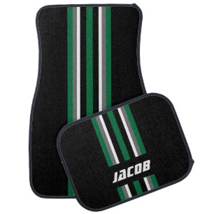 Dark Green, White, Gray Race Stripes on Black Car Floor Mat